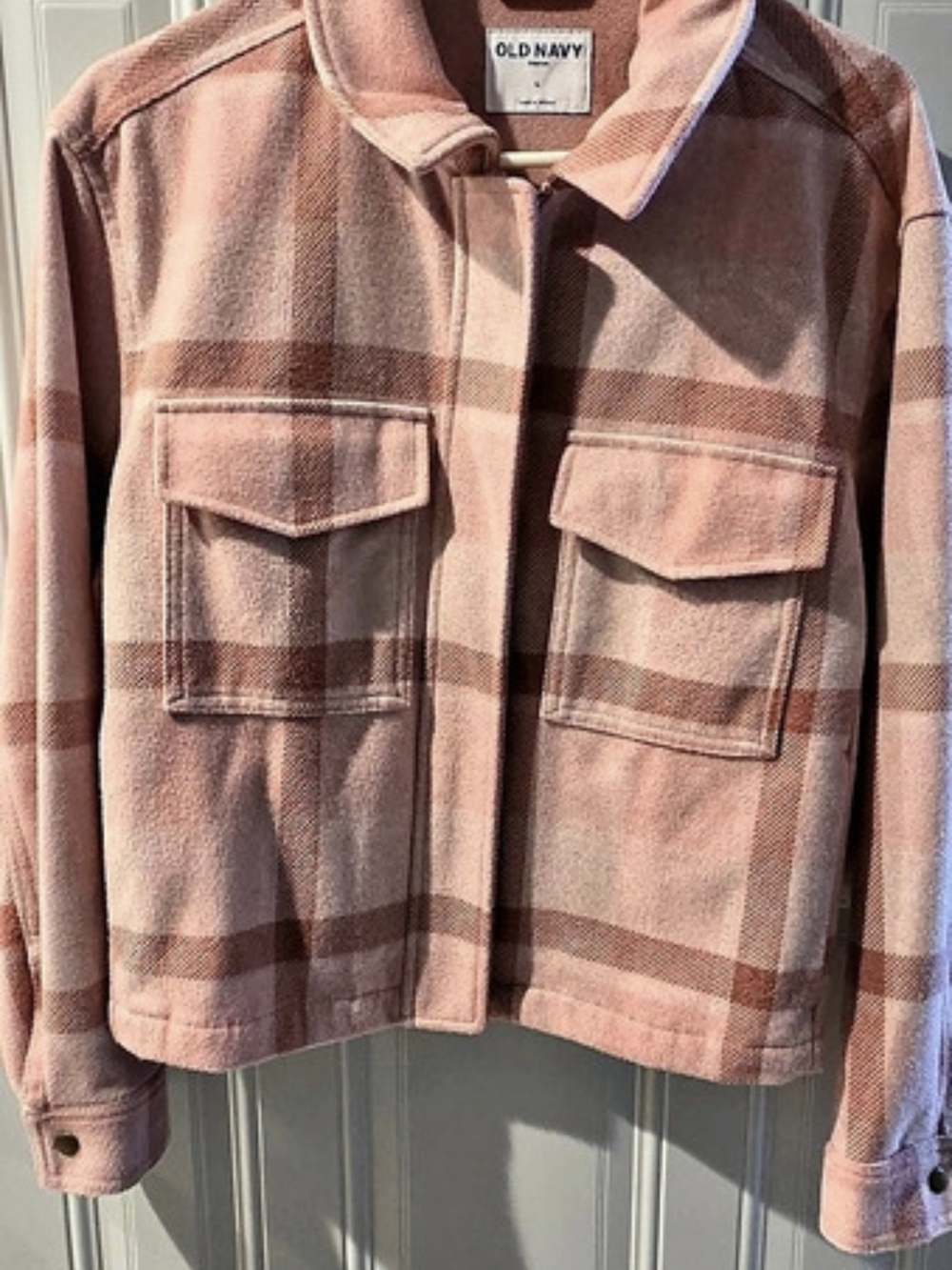Old Navy Relaxed Shirt Jacket Plaid in Pink & Brown Size Large